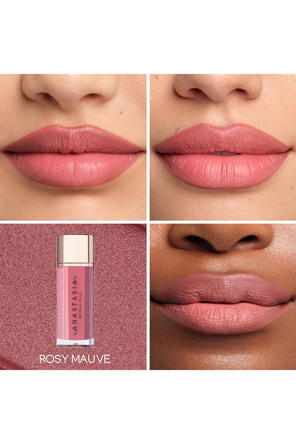 mousse de labios Rosy Mauve aterciopelada con pigmento completo, ligero, color verdaderamente mate,