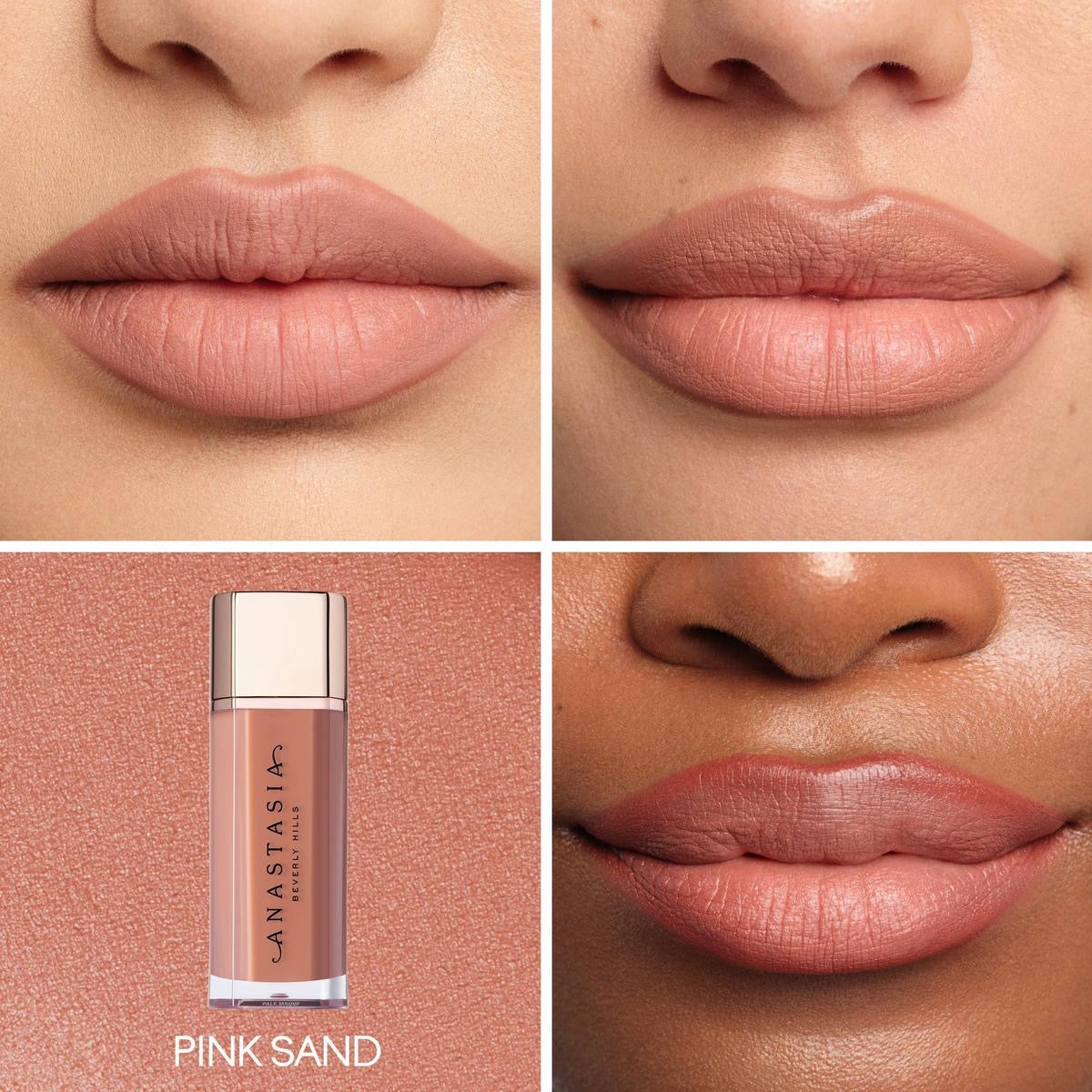 mousse de labios Pink Sand aterciopelada con pigmento completo, ligero, color verdaderamente mate, uso acolchado y cómodo y un acabado de labios suavizante.